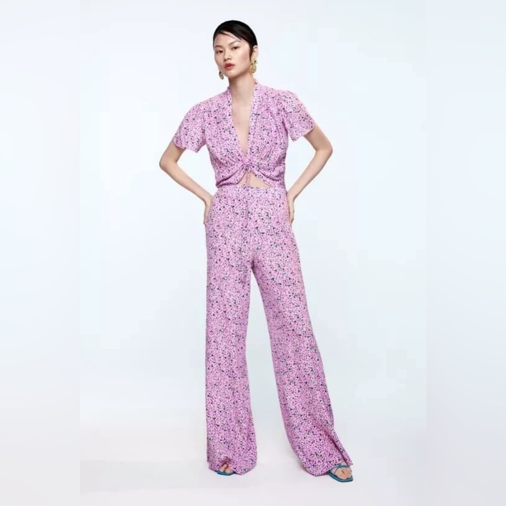 Zara Floral Print Flared Pants Pink high waisted pants
